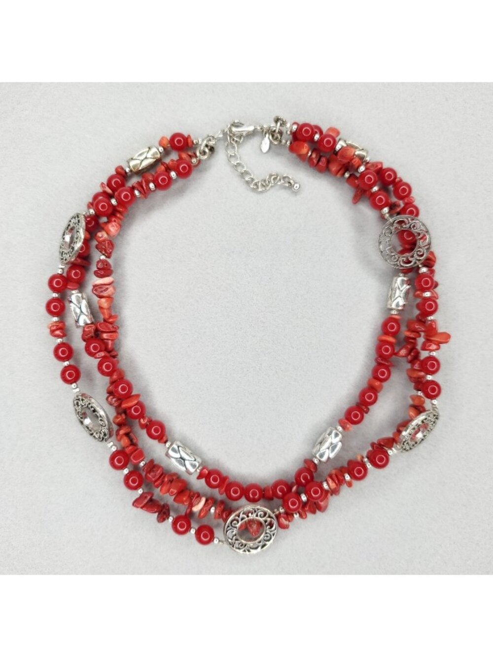 Premier Designs Beaded Necklace Red Silver Tone Layered Multi Strand 19"